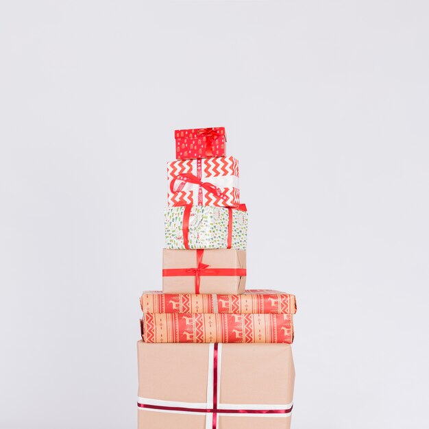 Heap of different present boxes in wraps 