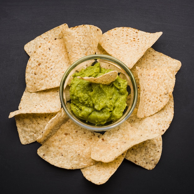 Heap of nachos and sauce in bowl