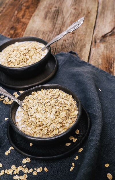 Heap of oats with milk in bowls