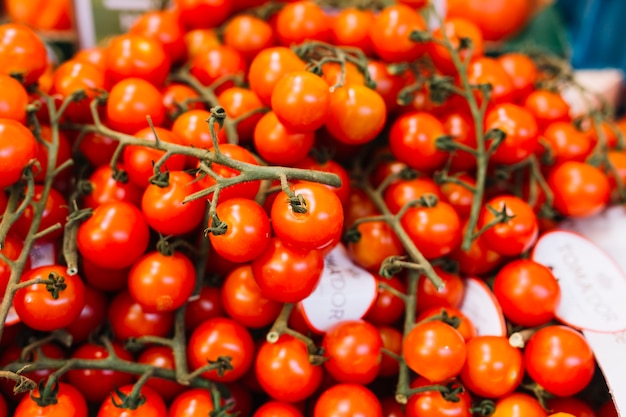 Heap of red cherry tomatoes with green twig