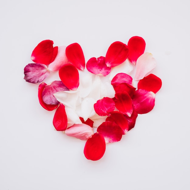 Heap of red petals in form of heart 