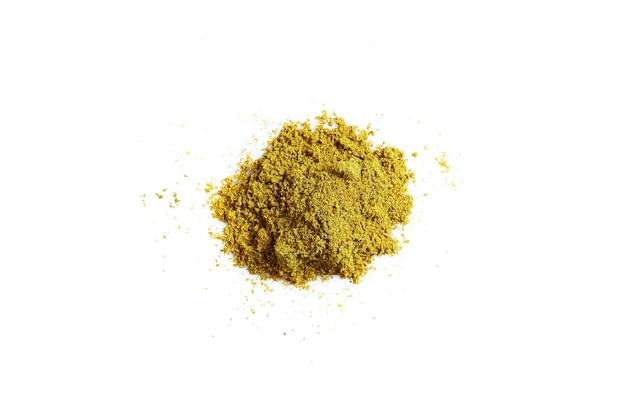 Heap of turmeric. Isolated on white. Empty space for text or inscription. Top view. Still life. Flat lay