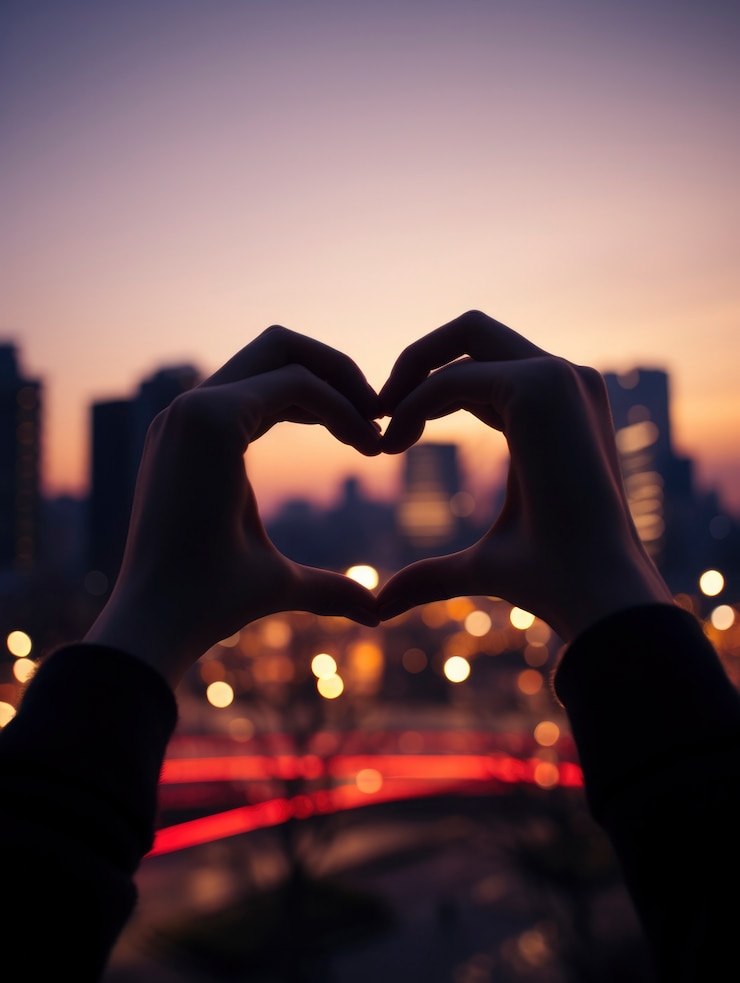 Free Photo heart hands silhouette against city lights at night