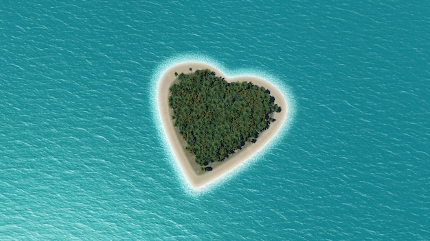 3d rendering di un cuore a forma di isola nel mare con palme