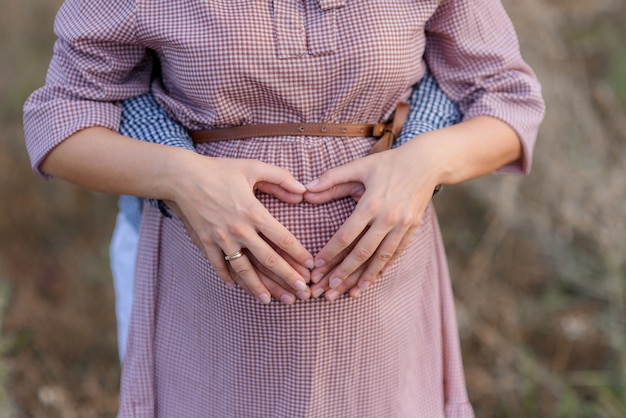 Heart made of hands on the belly of the pregnant married woman