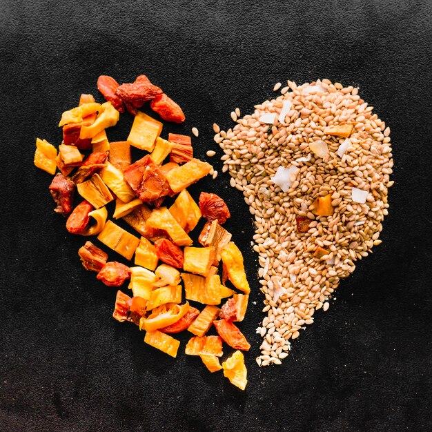 Heart made of seeds and dried fruit