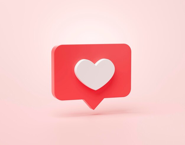 Heart shape or favorite social media notification icon in speech bubbles 3d cartoon banner website ui on pink background 3d rendering illustration