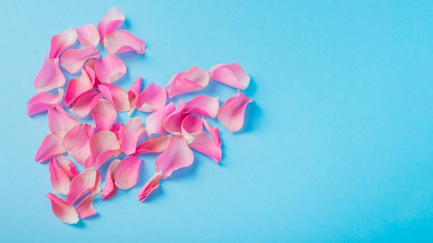 Бесплатное фото Форма сердца из лепестков роз на столе