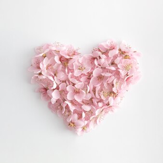 Форма сердца из натуральных весенних цветов любовь или день матери минимальная концепция плоская планировка