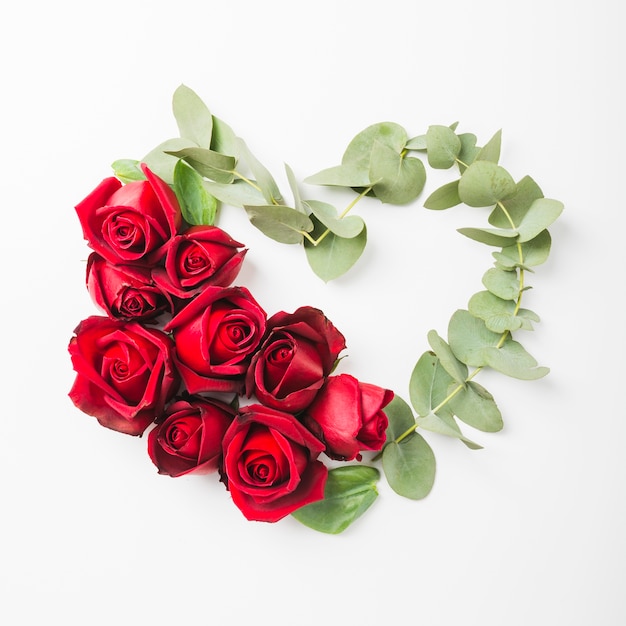 Heart shape made with roses flower and twig on white background
