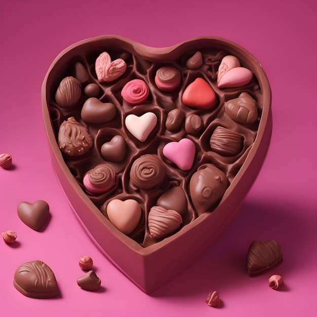 Free photo heart shaped box of chocolates with candies on pink background