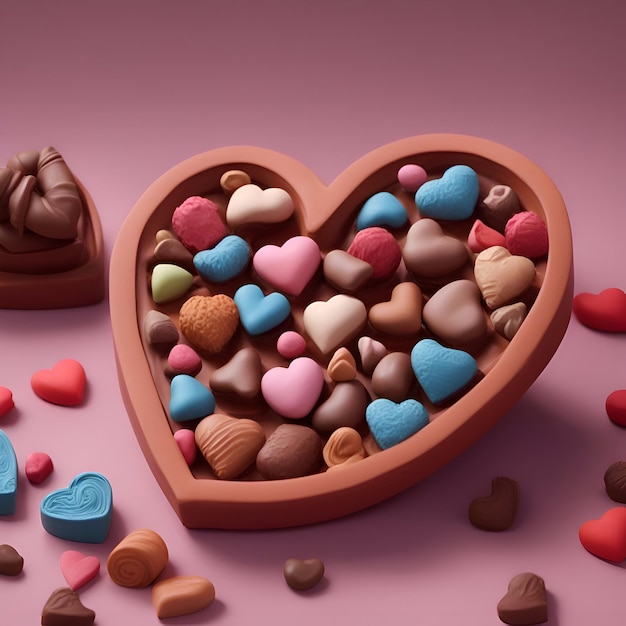 Caramelle di cioccolato a forma di cuore sull'illustrazione rosa del fondo 3d