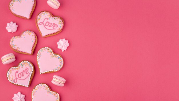 Heart-shaped cookies and meringue for valentines day
