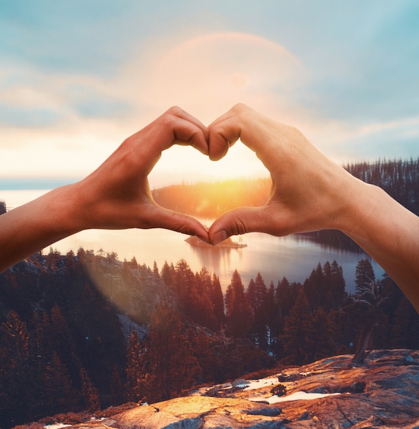 Free photo heart-shaped hands on a sunset