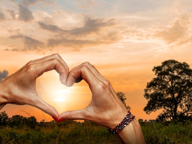 Heart-shaped hands on a sunset