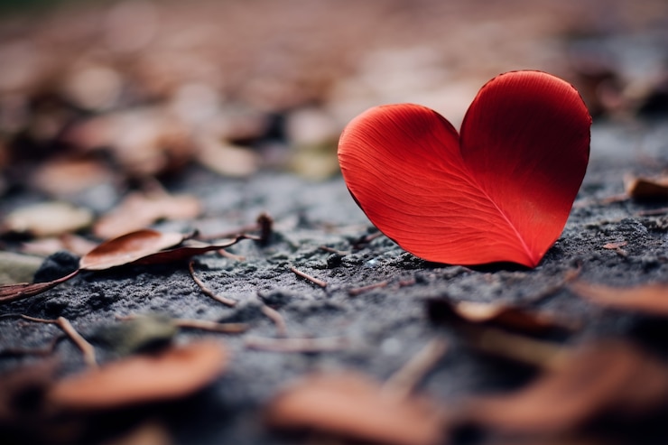 Free Photo heart shaped petal on the ground with leaves