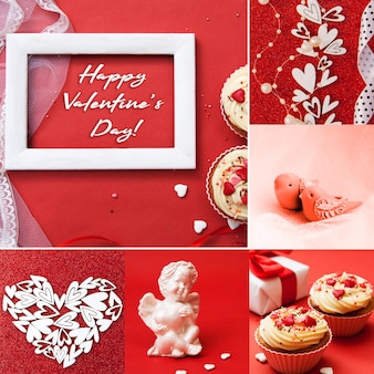 하트, 천사, 새 몇 마리, 축하, 꽃, 컵케이크가 빨간색 배경에 있습니다. 발렌타인의 날 콜라주