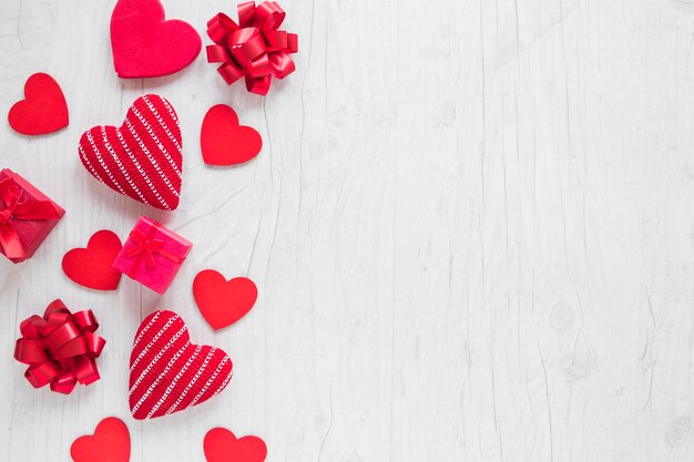 Hearts and presents on white background