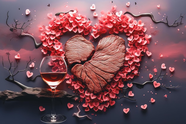 Heartshaped beef steak with glass of wine and flowers on a dark background