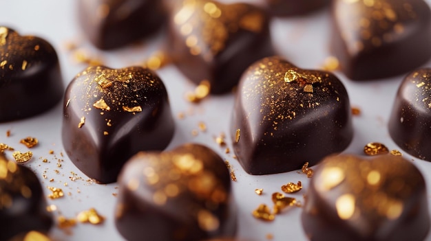 Foto gratuita tartufi di cioccolato a forma di cuore con accenti dorati su sfondo bianco