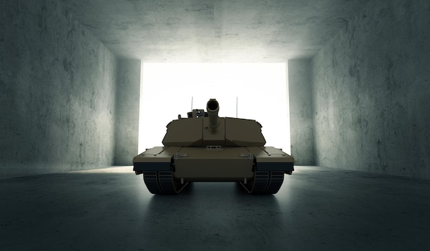 開いた​ドア​と​日光​を​備えた​現代​の​格納庫​の​重い​軍用​戦車