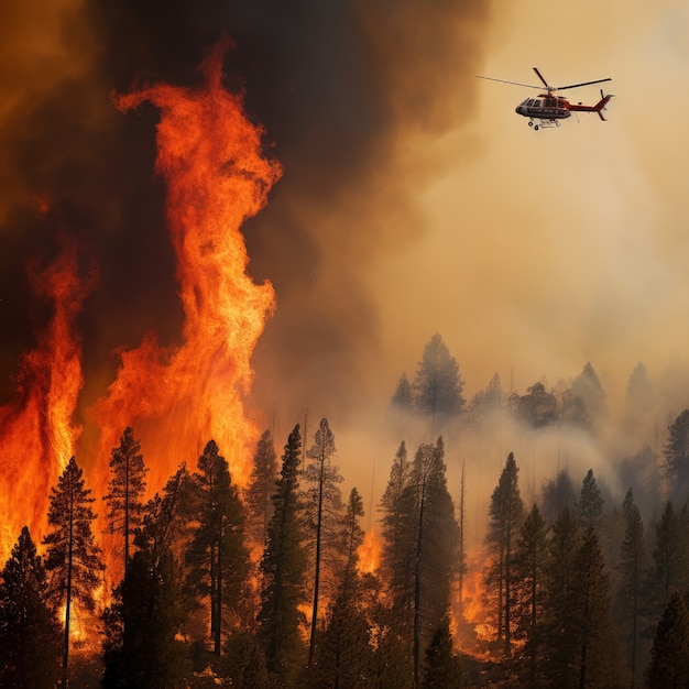 Free photo helicopter trying to put out wildfire