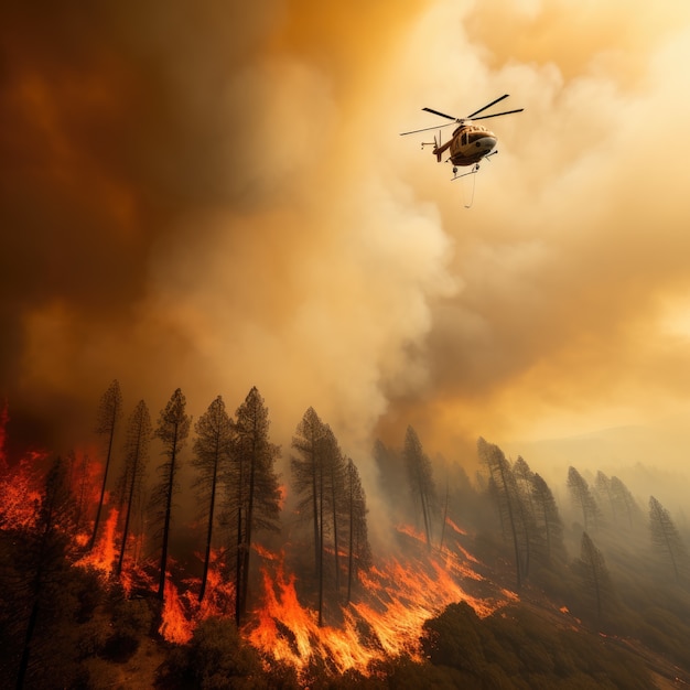 Free photo helicopter trying to put out wildfire