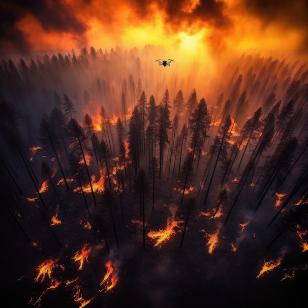 Бесплатное фото Вертолет пытается потушить лесной пожар.