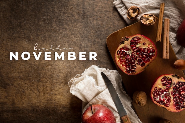 Hello november composition with pomegranate