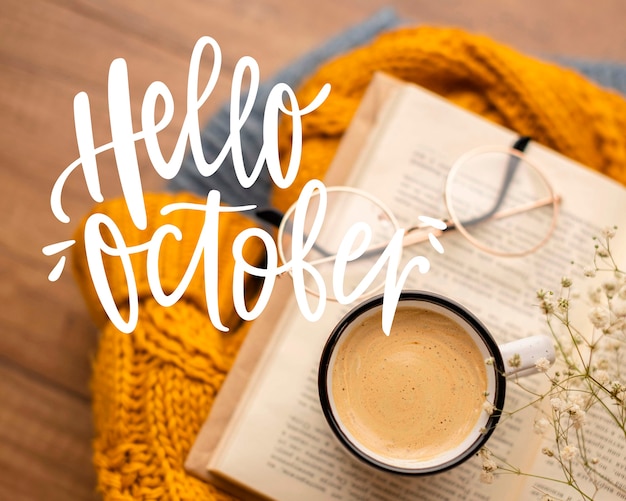 Hello october background with coffee cup