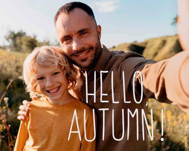 Hello october background with father and child