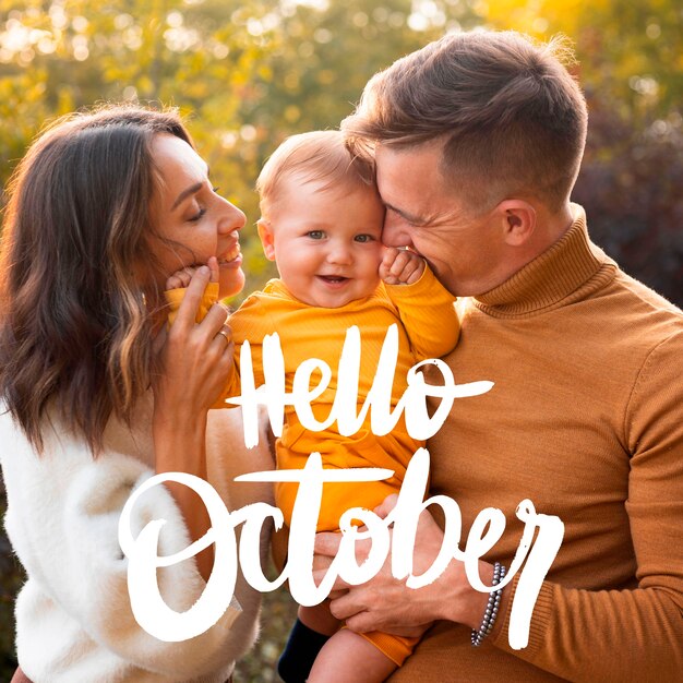 Привет октябрь фон со счастливой семьей