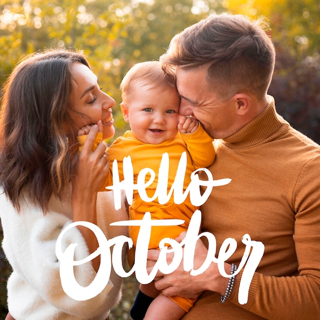 Hello october background with happy family