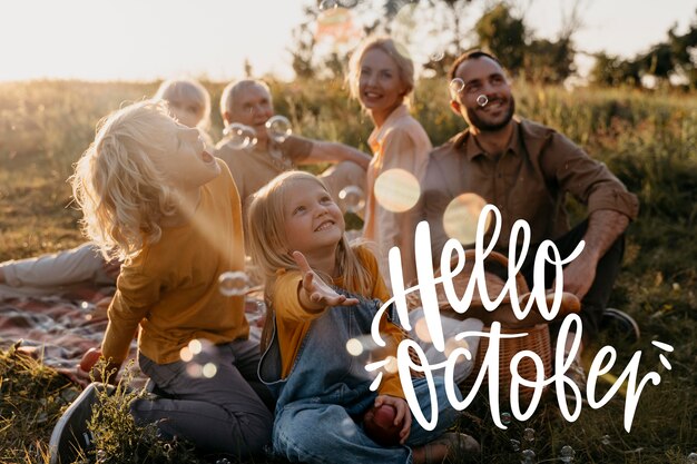 Hello october background with happy family