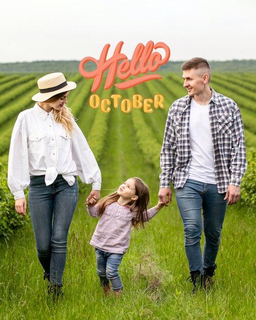 Hello october background with happy family