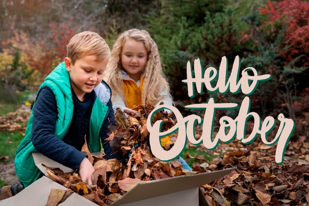 Free photo hello october background with happy kids