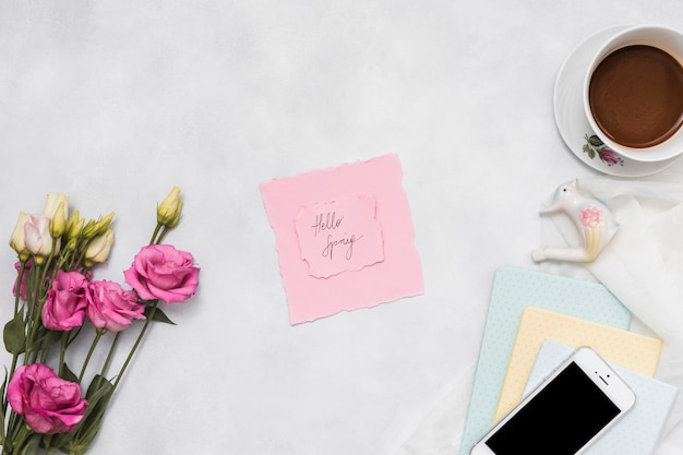 Hello Spring inscription with roses and coffee