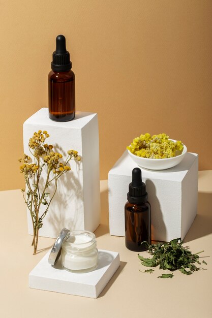 herbal medicine with plants and blocks arrangement