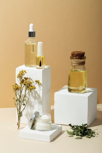herbal medicine with plants and blocks