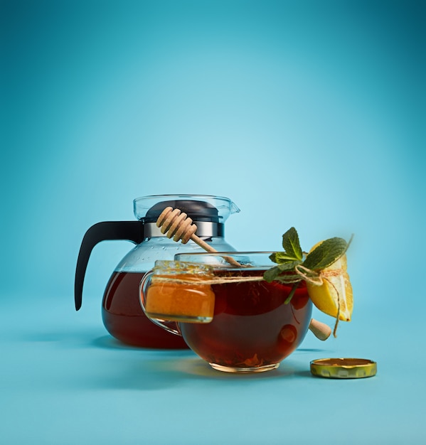 herbal tea on blue background