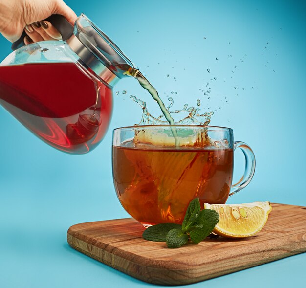 herbal tea on blue background