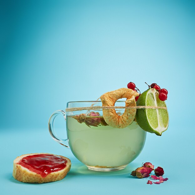 herbal tea on blue background