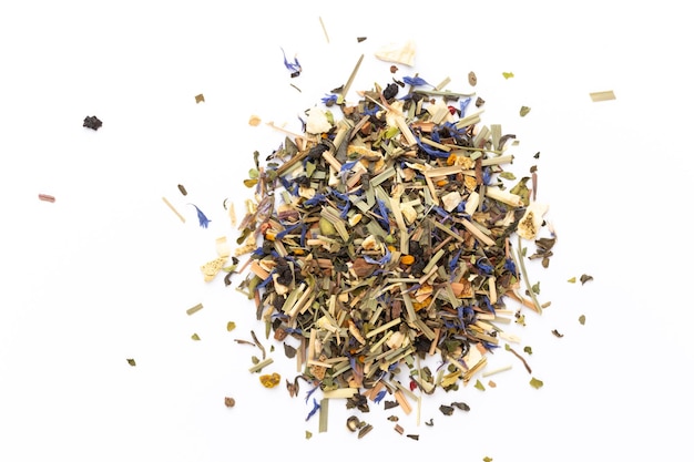 Herbal tea on a white background fruit and herbal tea turmeric ginger top view