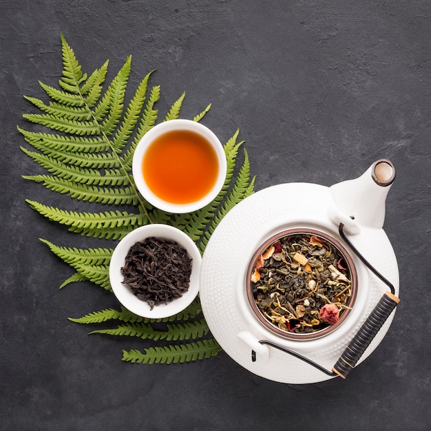 Herbal tea with dried herb and fresh fern leaves on black slate backdrop