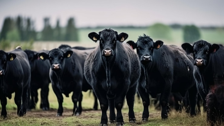 Herd of black cows graze in the pasture created with Generative AI technology