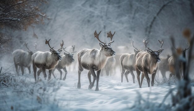 Free Photo herd of horned deer standing in snow generated by ai