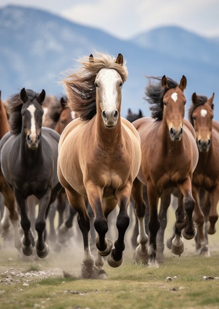 Herd of wild horses in nature