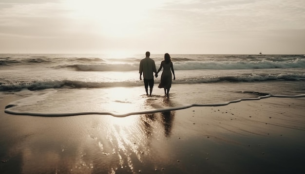 無料写真 aiによって生成された日没時にビーチを歩く異性カップル