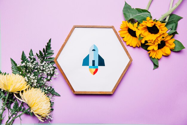 Hexagonal frame between flowers