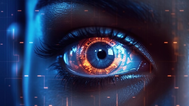 Высокотехнологичный биометрический сканер безопасности Близкий взгляд на глаз женщины в процессе сканирования